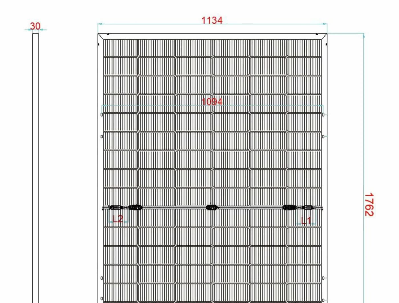 Dimensional drawing of the DHM54D35-TP module: 1762 mm by 1134 mm, 30 mm frame
